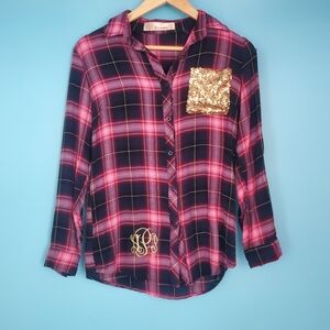 E2 Clothing Long Sleeve Top Size Small Plaid Sequin